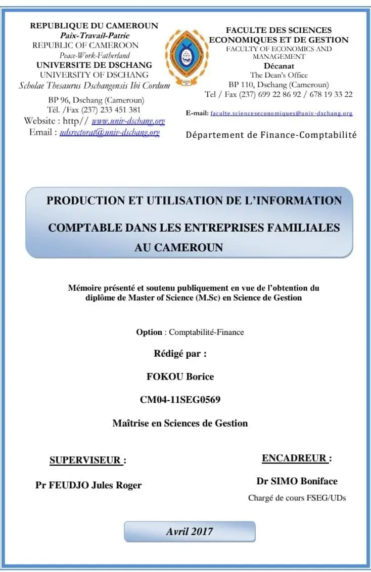 Couverture — PRODUCTION ET UTILISATION DE L’INFORMATION COMPTABLE DANS LES ENTREPRISES FAMILIALES AU CAMEROUN